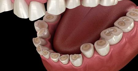 Dental attrition (Bruxism) resulting in loss of tooth tissue. Medically accurate tooth 3D illustration